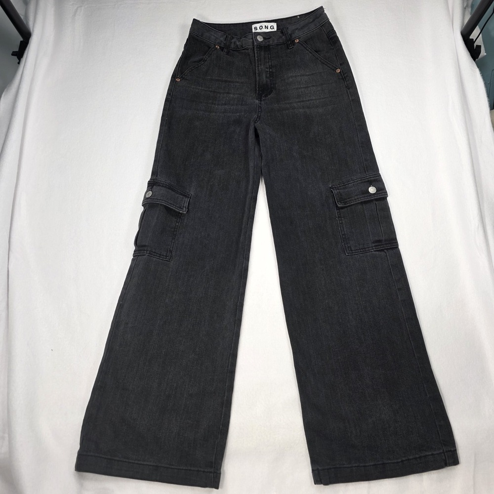 S.O.N.G Y2K Cargo Street Jeans Black Wide Leg Utility Streetwear Womens 3/26